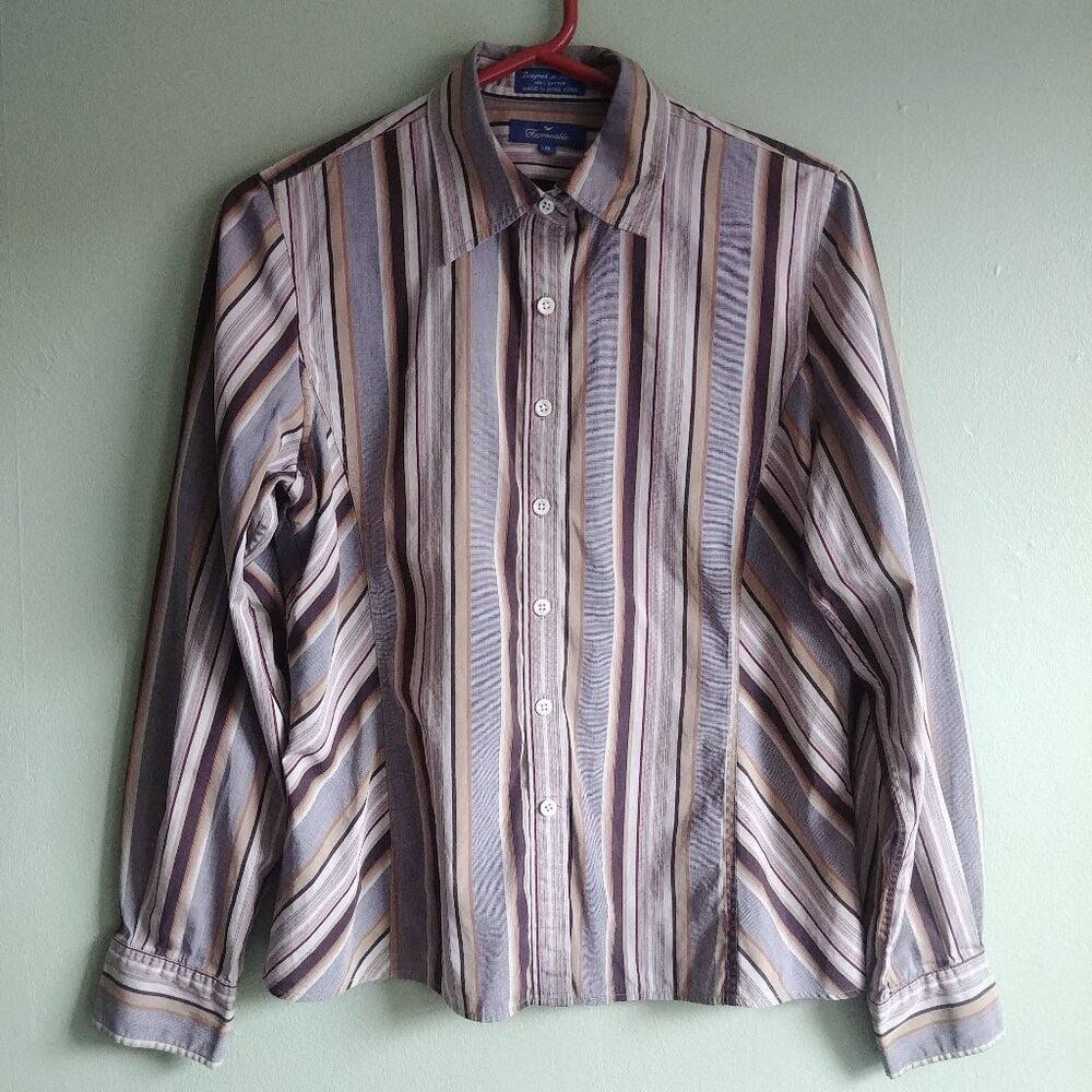 Vintage Faconnable 70s vibe brown striped Women's button down shirt top Medium